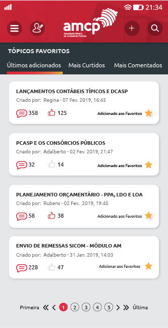 Tópicos favoritos no app AMCP, organizados por últimos adicionados, mais curtidos e mais comentados