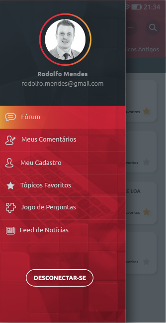 Menu lateral do app AMCP com perfil do associado e atalhos para fórum, favoritos, jogo de perguntas e feed de notícias