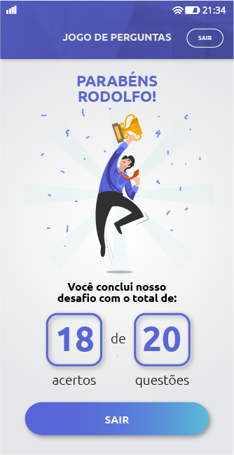 Tela de resultado do Jogo de Perguntas no app AMCP, com acertos sobre o total de questões