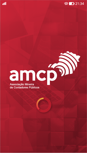 Tela de abertura do app AMCP, com a identidade visual em vermelho e o mapa de Minas Gerais