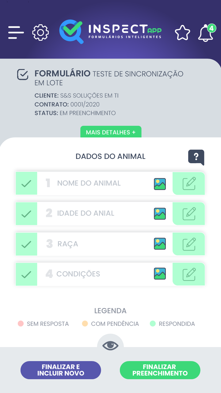 Preenchimento de checklist no app Inspect, com legenda de cores para campos sem resposta, com pendência e respondidos
