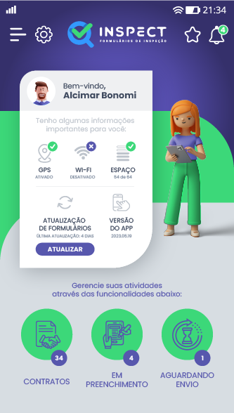 Painel inicial do app Inspect com status de GPS, Wi-Fi, espaço e contadores de contratos
