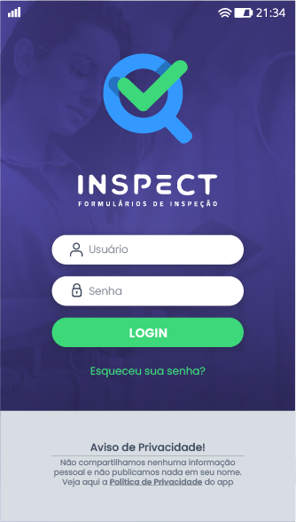 Tela de login do app Inspect