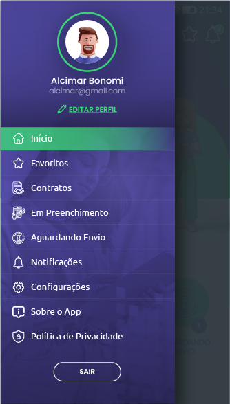 Menu lateral do app Inspect com atalhos para contratos, notificações e configurações