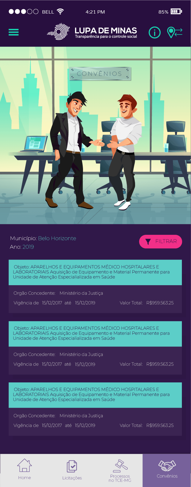 Aba Convênios do app Lupa de Minas, com lista de convênios por órgão concedente, vigência e valor