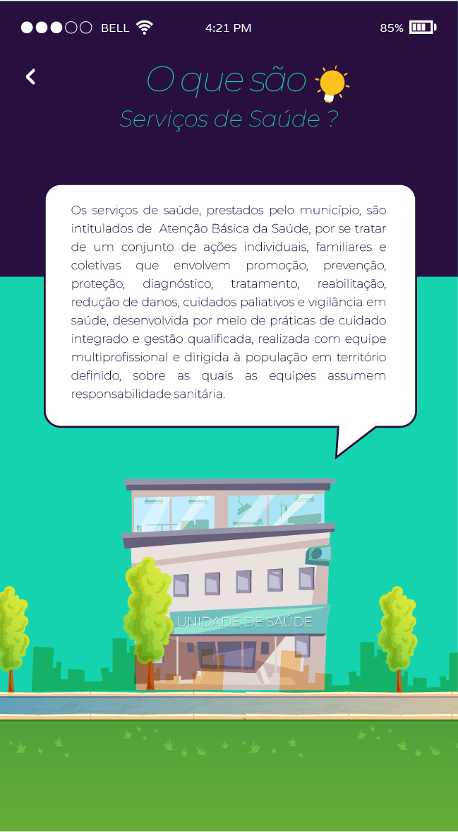 Tela explicativa 'O que são Serviços de Saúde?' no app Lupa de Minas