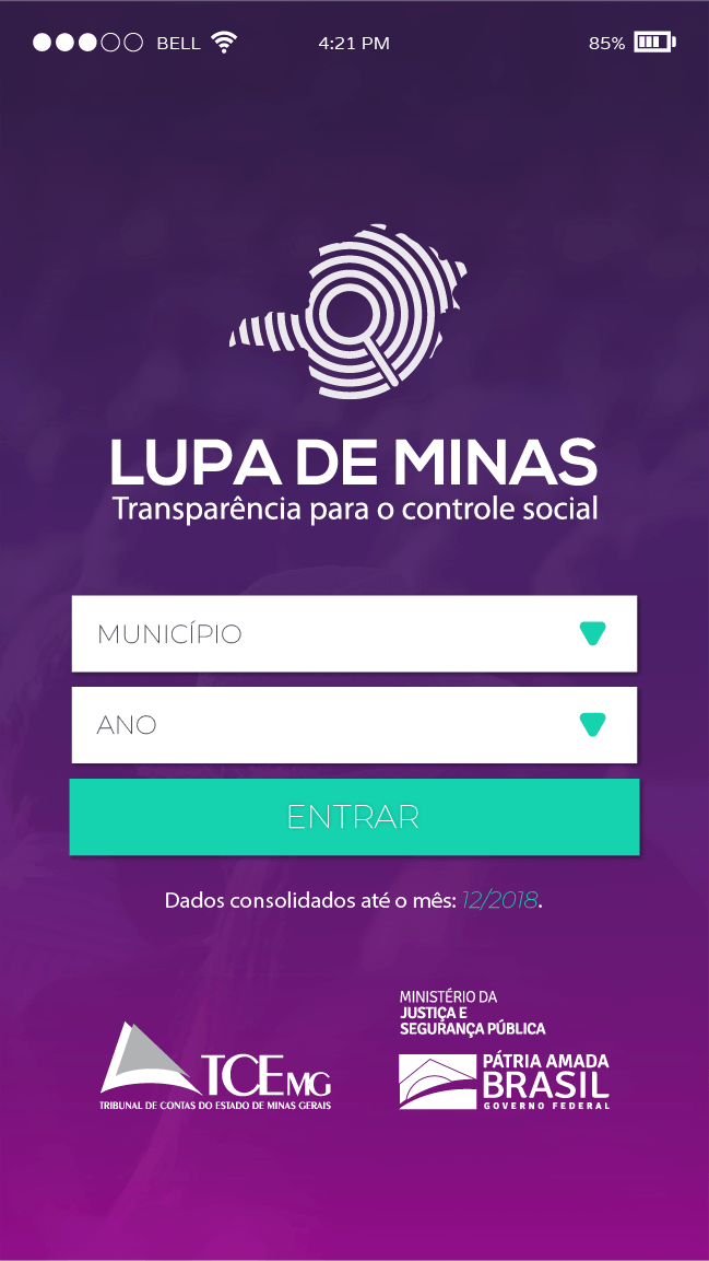 Tela inicial do app Lupa de Minas, com seleção de município e ano