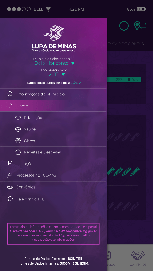 Menu de navegação do app Lupa de Minas com as áreas Educação, Saúde, Obras, Receitas e Despesas, Licitações, Processos no TCE-MG e Convênios